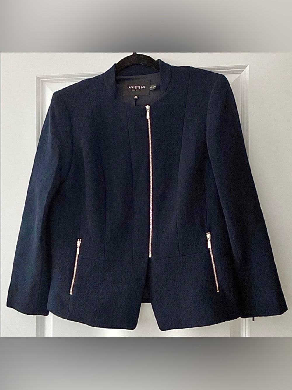 Lafayette 148 New York Size 10 Collarless Asymmetrical Zipper Blazer - Navy